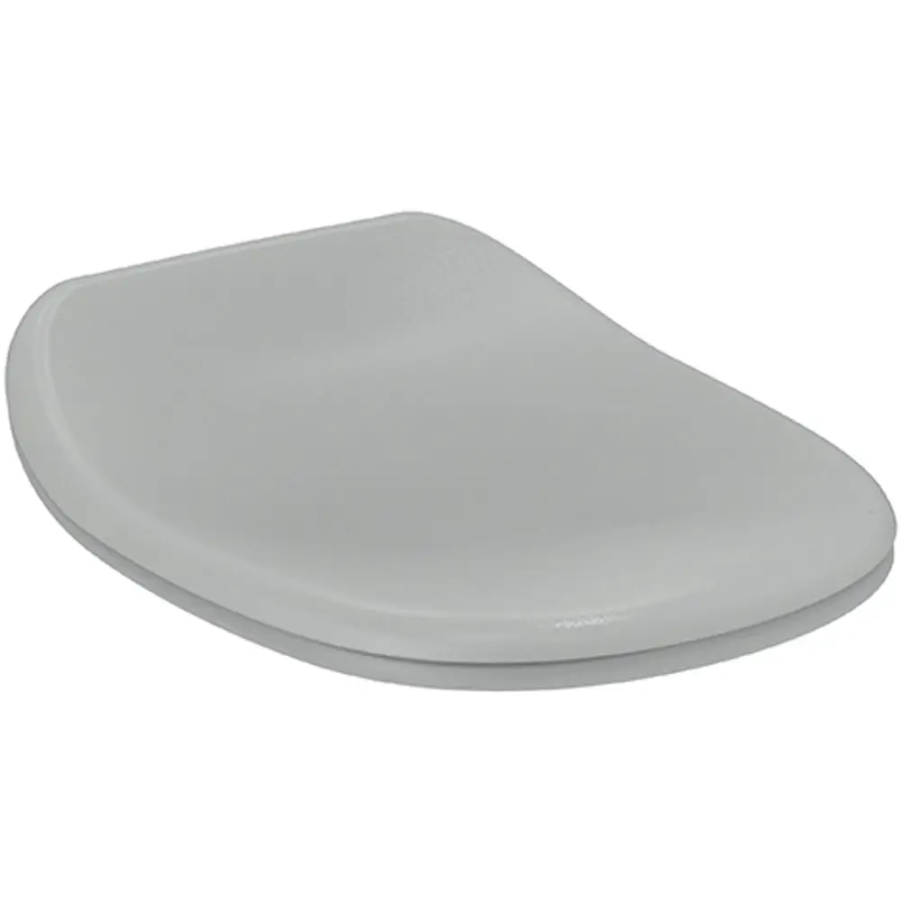 Grauer WC-Sitz von Ideal Standard, mit geschwungener Form und glatter Oberfläche, auf weißem Hintergrund.